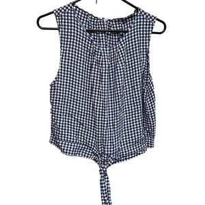 LOFT Gingham Cropped Blouse Tie Front Blue White Plaid Western Festival Sz L
